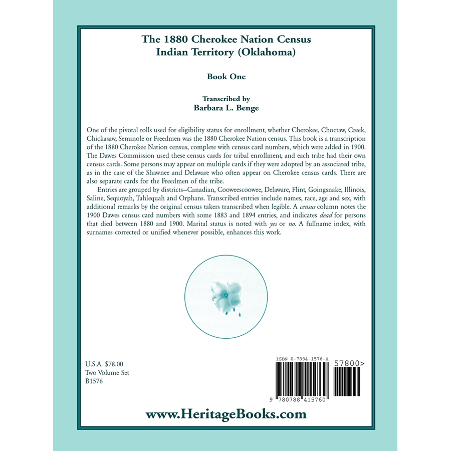1880 Cherokee Nation Census, Indian Territory (Oklahoma) volume 1 back cover