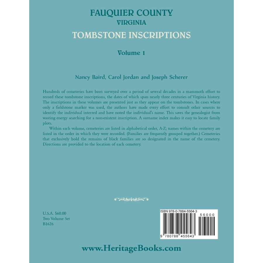 Fauquier County [Virginia] Tombstone Inscriptions, Volume 1 back cover