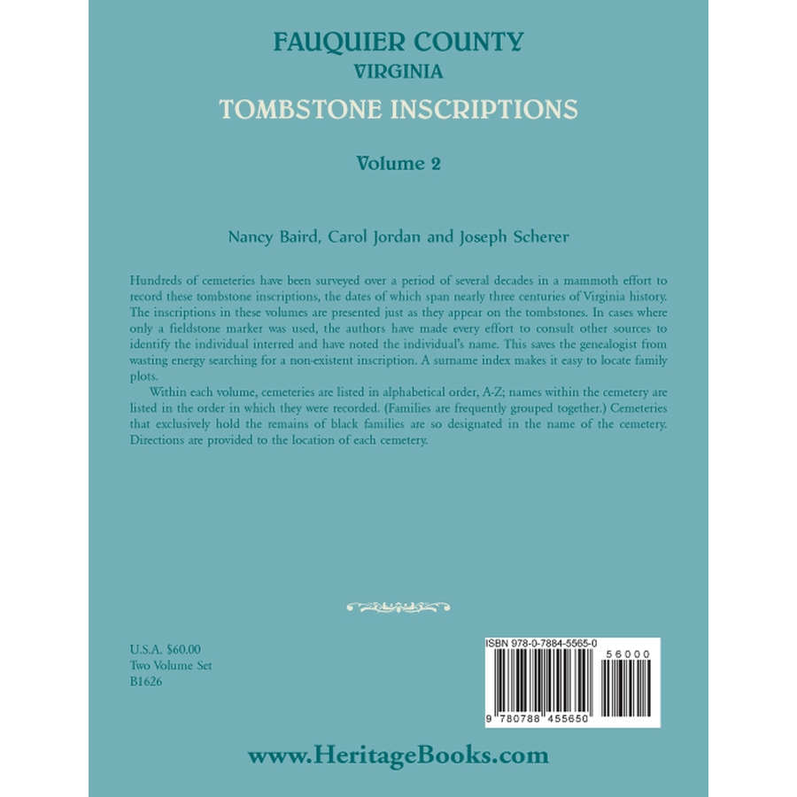 back cover of Fauquier County [Virginia] Tombstone Inscriptions, Volume 2