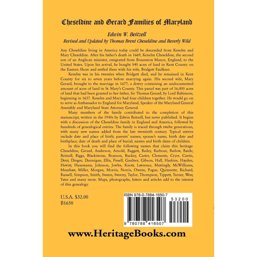 back cover of Cheseldine and Gerard Families of Maryland