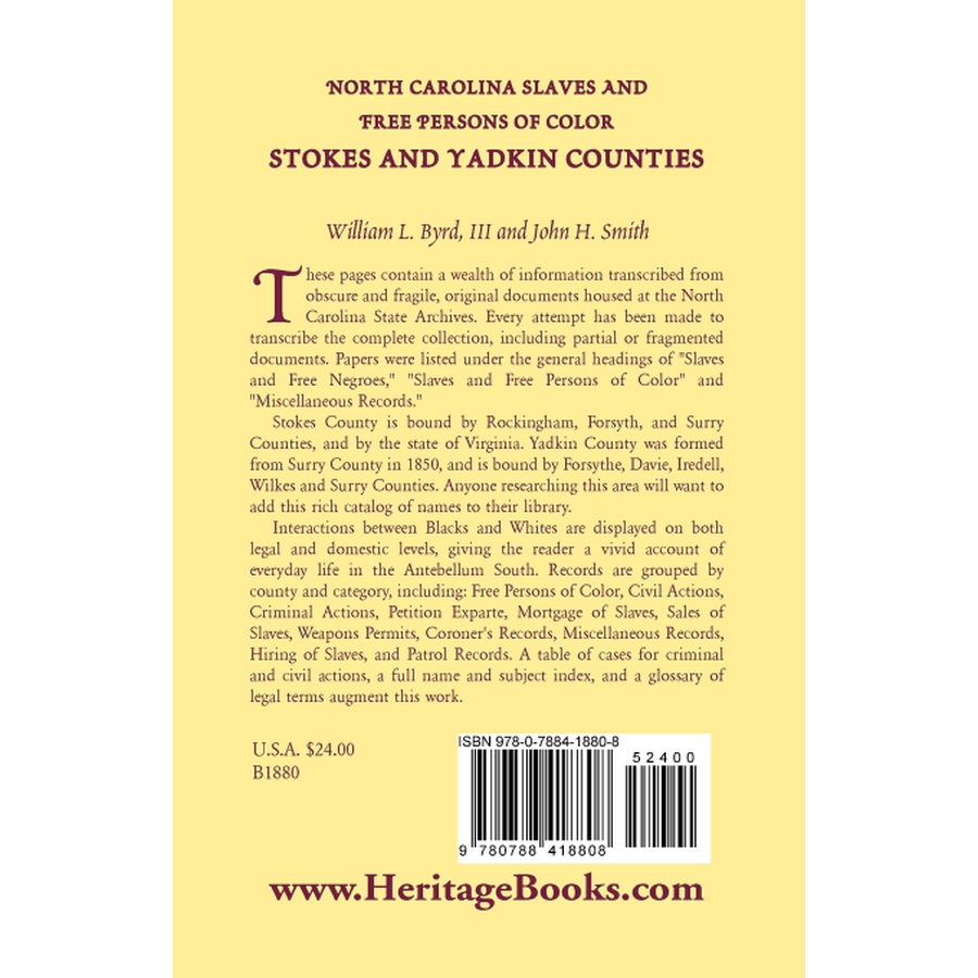 back cover of North Carolina Slaves and Free Persons of Color: Stokes and Yadkin Counties