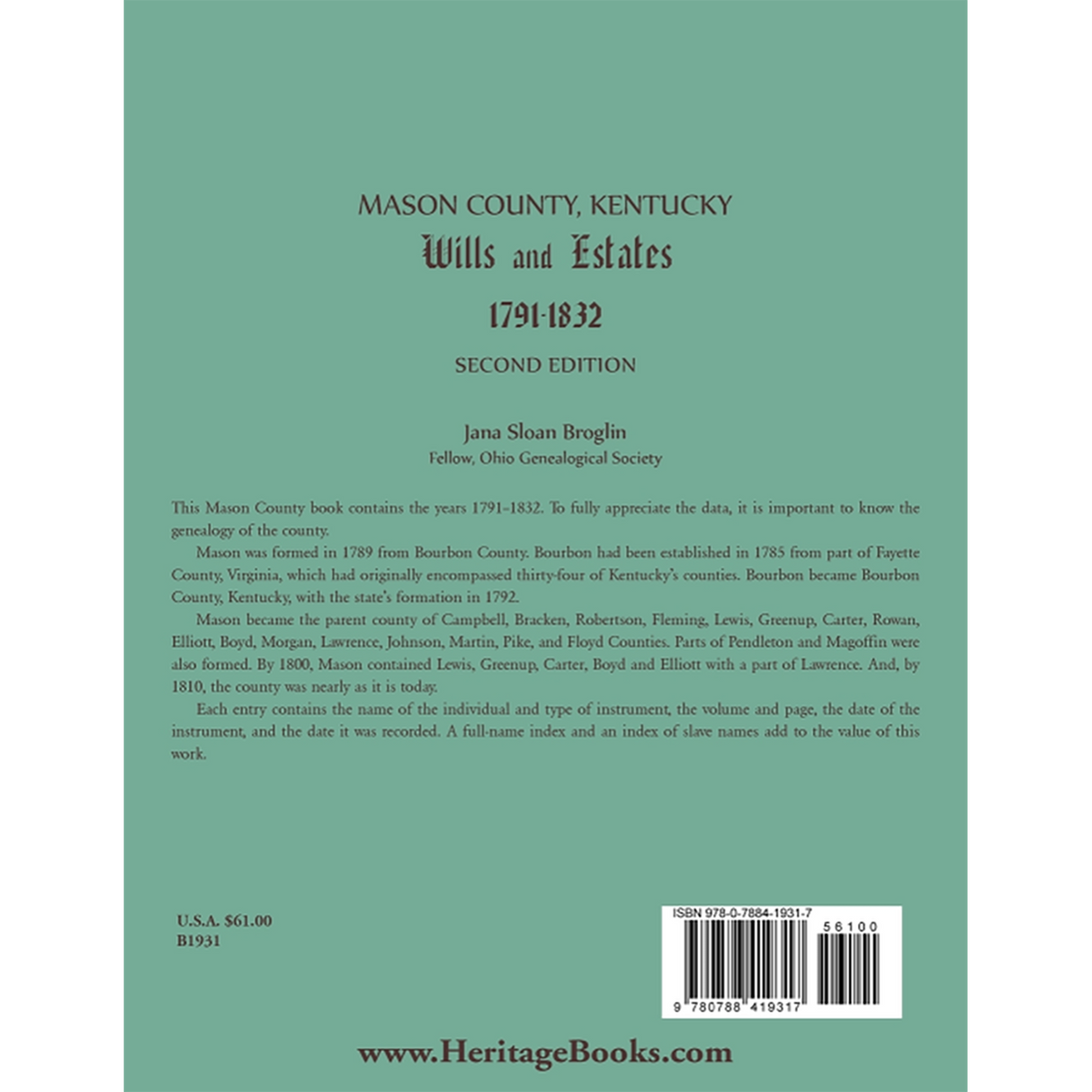Mason County, Kentucky Wills and Estates back cover