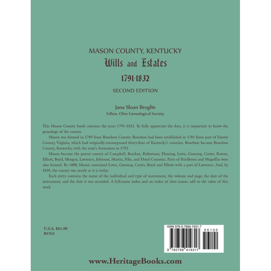 Mason County, Kentucky Wills and Estates back cover