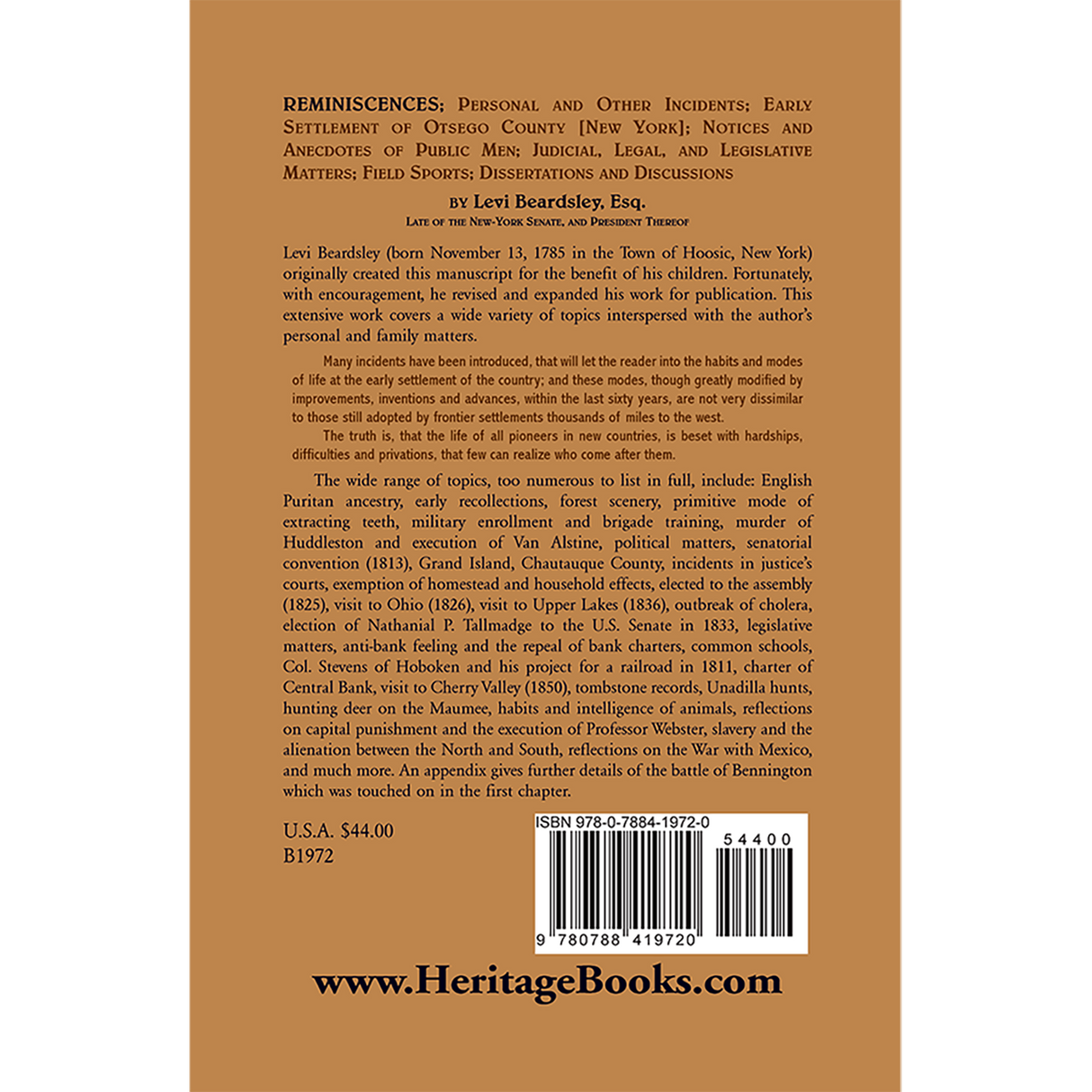 Reminiscences; Personal and Other Incidents, Early Settlement of Otsego County [New York] back cover