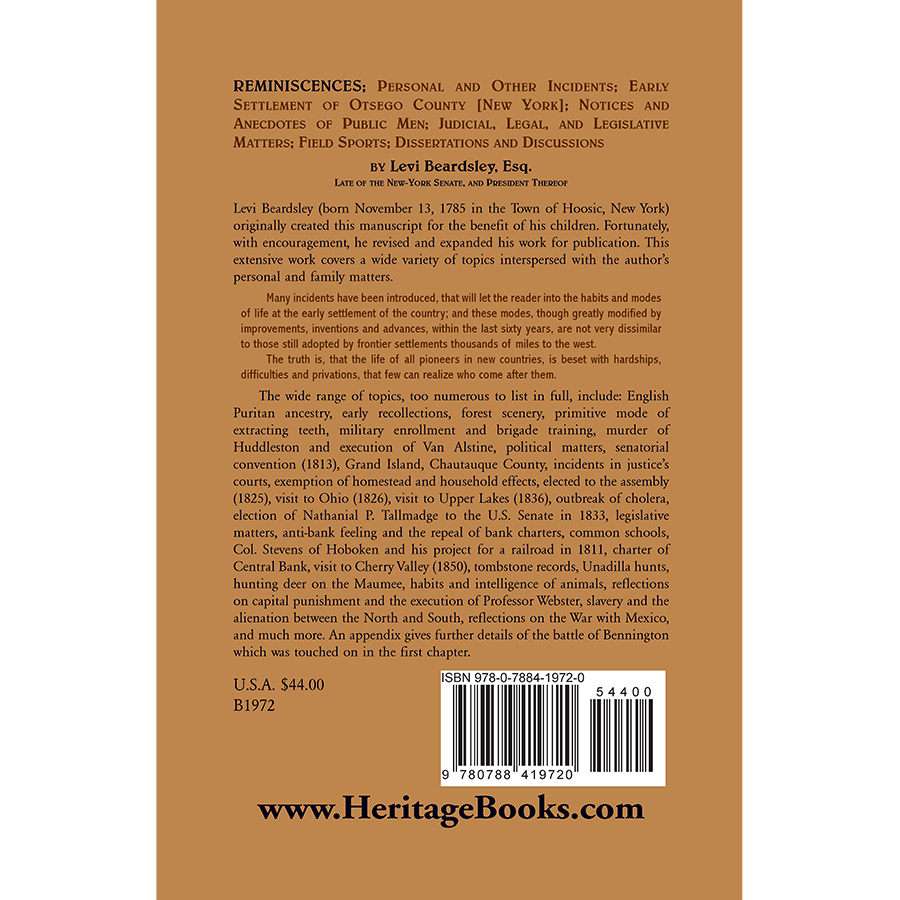 Reminiscences; Personal and Other Incidents, Early Settlement of Otsego County [New York] back cover