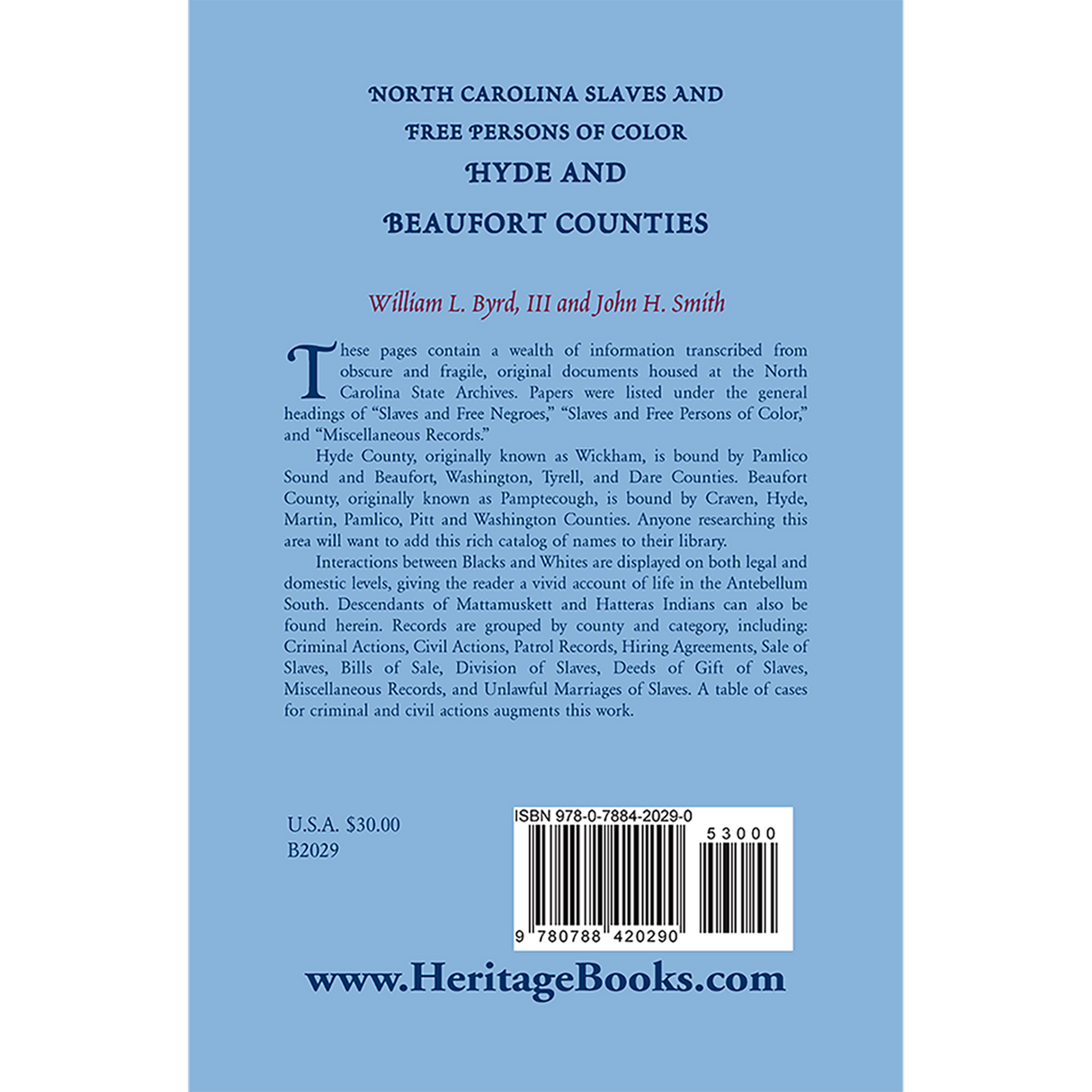 North Carolina Slaves and Free Persons of Color: Hyde and Beaufort Counties back cover