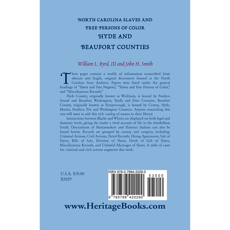 North Carolina Slaves and Free Persons of Color: Hyde and Beaufort Counties back cover