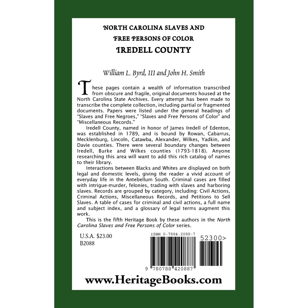 North Carolina Slaves and Free Persons of Color: Iredell County back cover