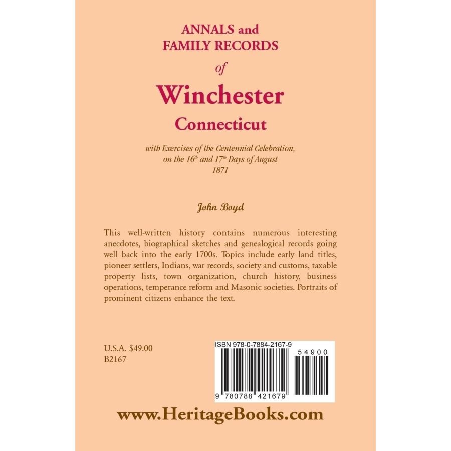 back cover of Annals and Family Records of Winchester, Connecticut