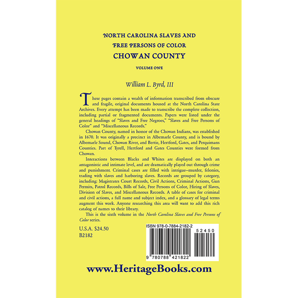 North Carolina Slaves and Free Persons of Color: Chowan County, Volume One back cover