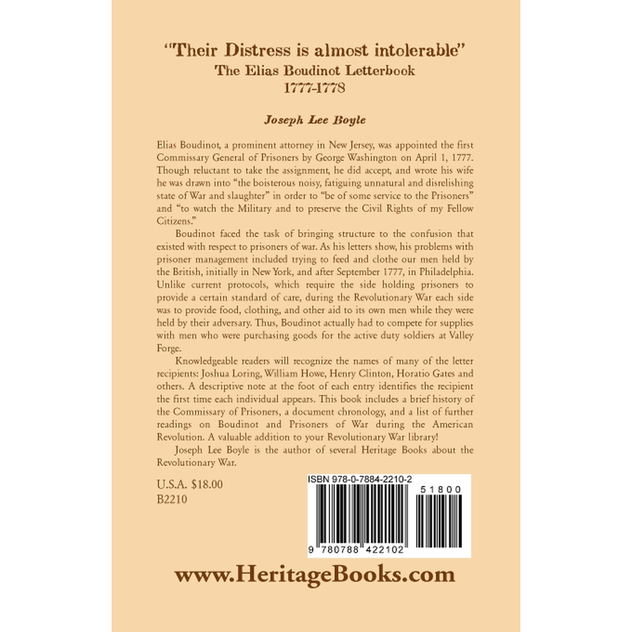 back cover of "Their Distress is Almost Intolerable": The Elias Boudinot Letterbook, 1777-1778