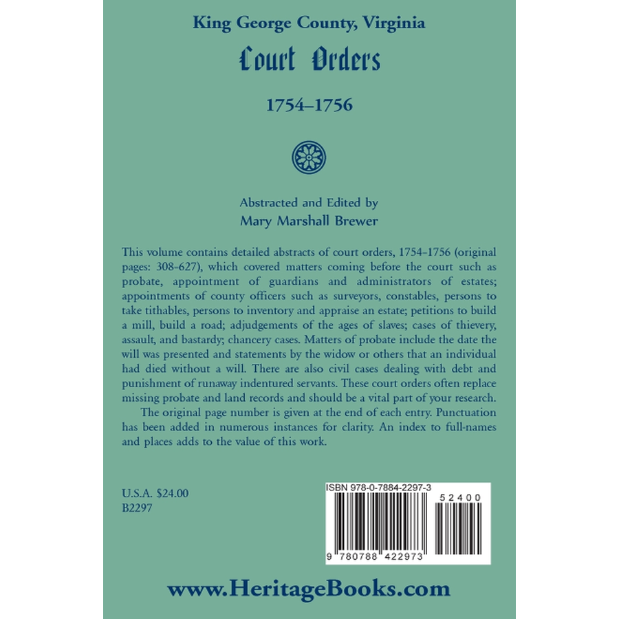 back cover of King George County, Virginia Court Orders, 1754-1756