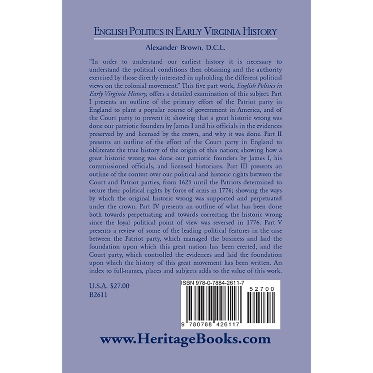 English Politics in Early Virginia History back cover