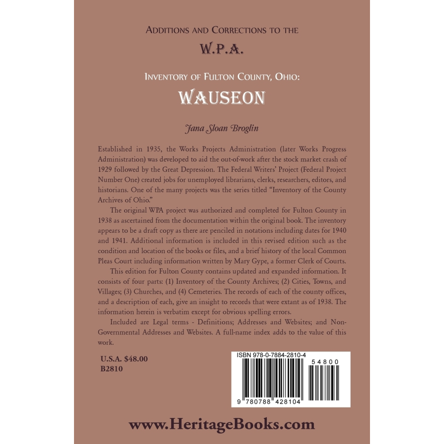 Additions and Corrections to the W.P.A. Inventory of Fulton County, Ohio: Wauseon back cover