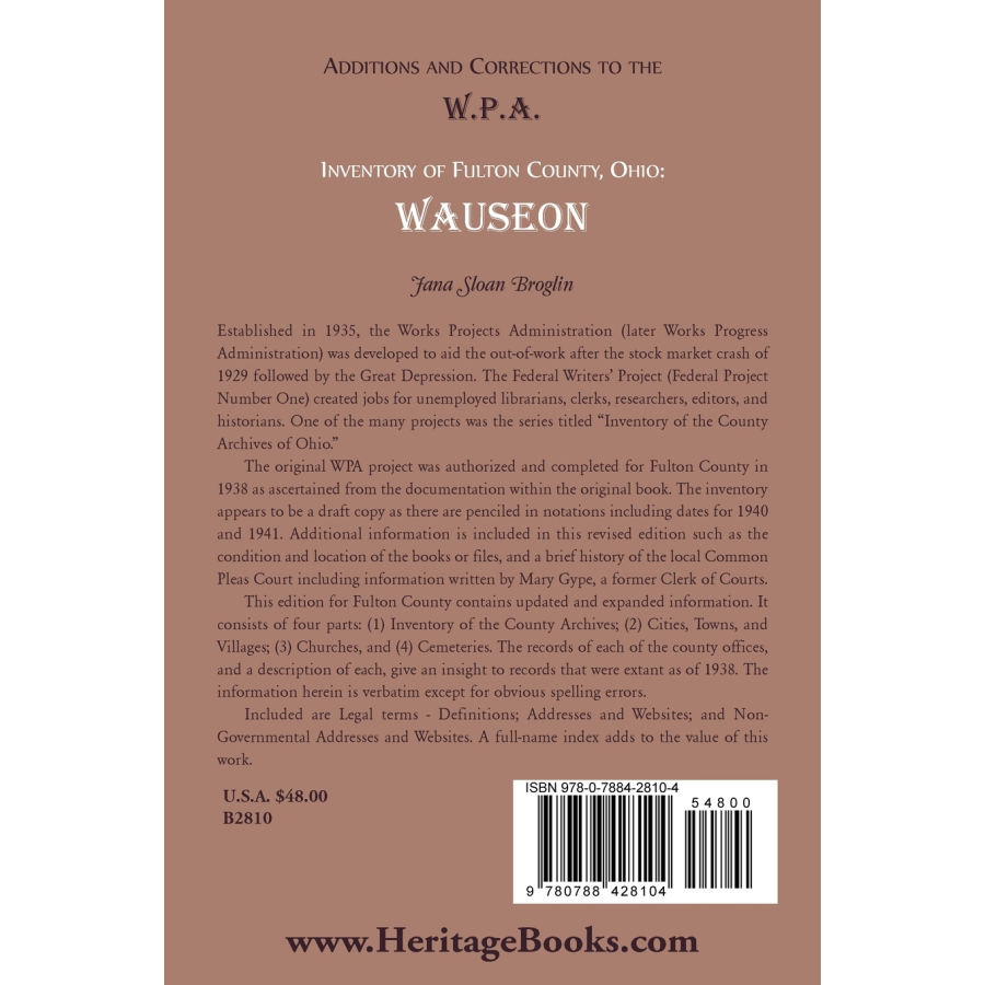 back cover of Additions and Corrections to the W.P.A. Inventory of Fulton County, Ohio: Wauseon