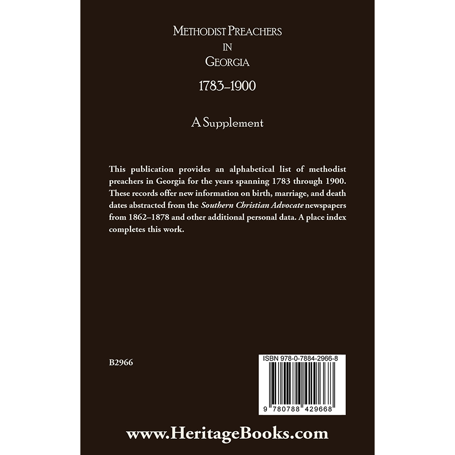 Methodist Preachers in Georgia, 1783-1900, A Supplement back cover