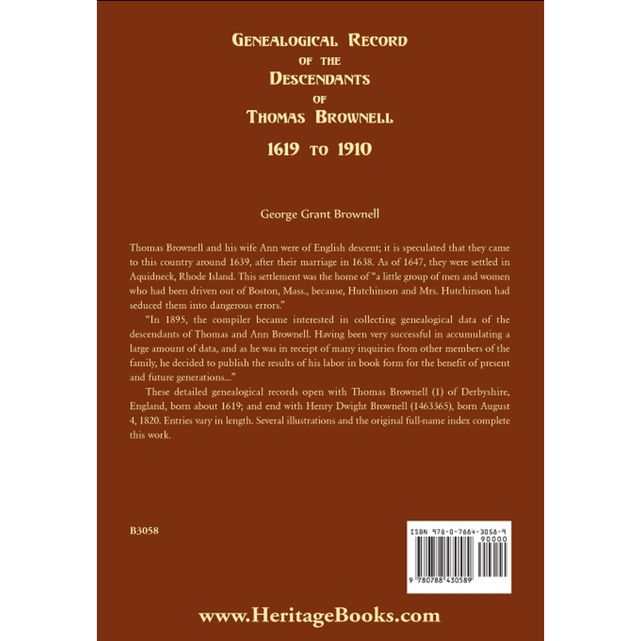Genealogical Record of the Descendants of Thomas Brownell, 1619 to 1910 back cover
