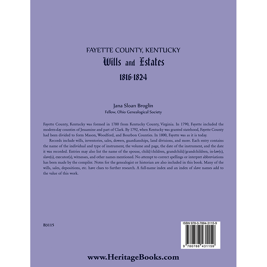 back cover of Fayette County, Kentucky Wills and Estates, 1816-1824