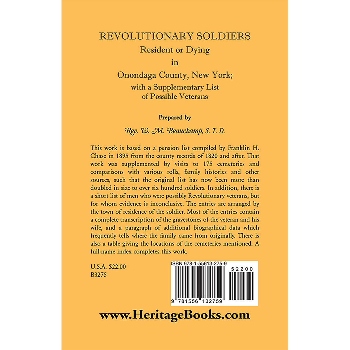 Revolutionary Soldiers: Resident or Dying in Onondaga County, New York; with a Supplementary List of Possible Veterans back cover