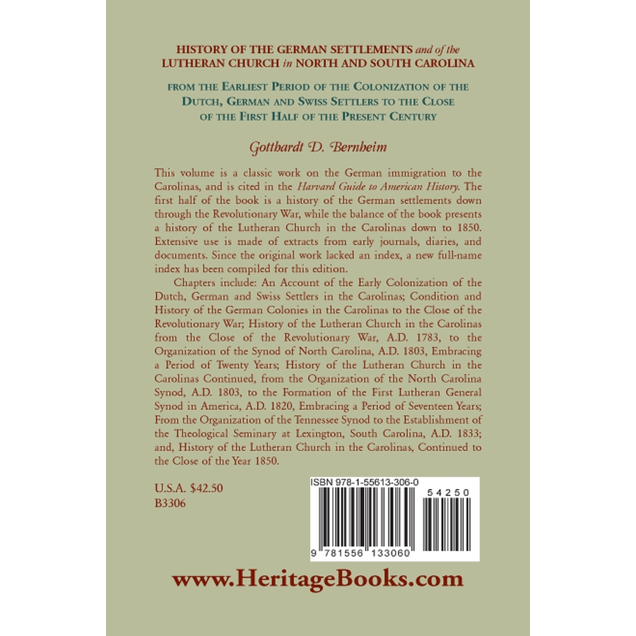 History of the German Settlements and of the Lutheran Church in North and South Carolina back cover