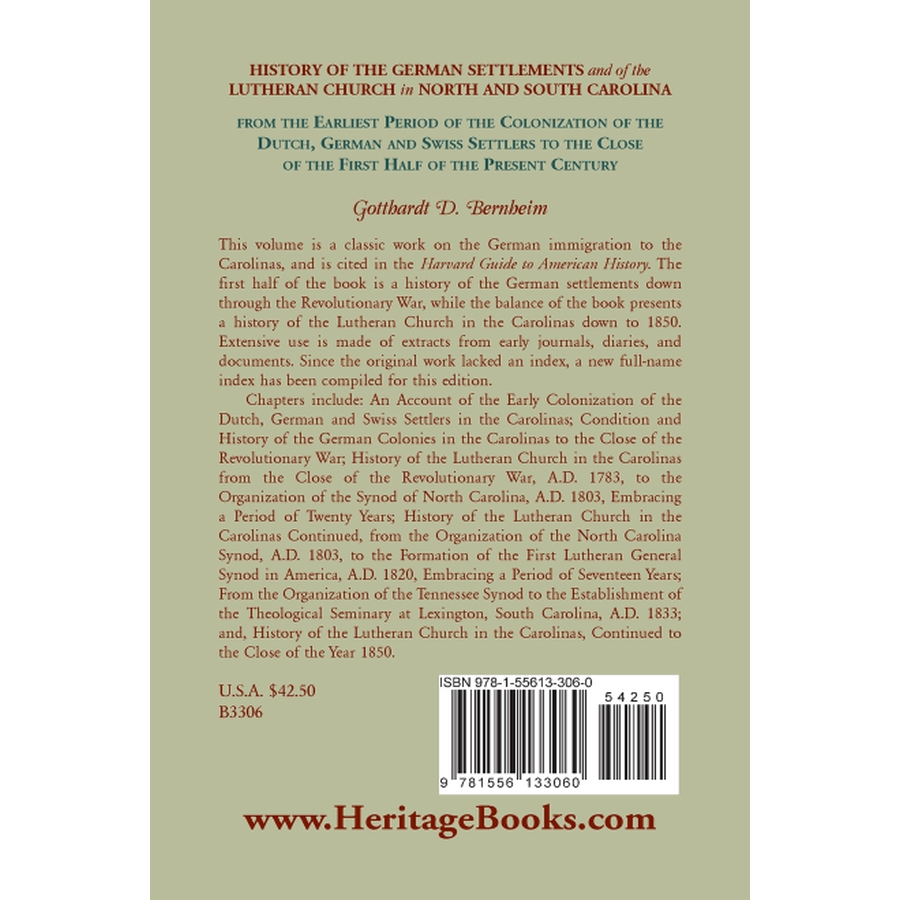 back cover of History of the German Settlements and of the Lutheran Church in North and South Carolina