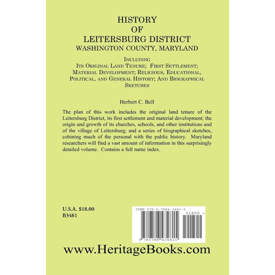 back cover of History of Leitersburg District, Washington County, Maryland