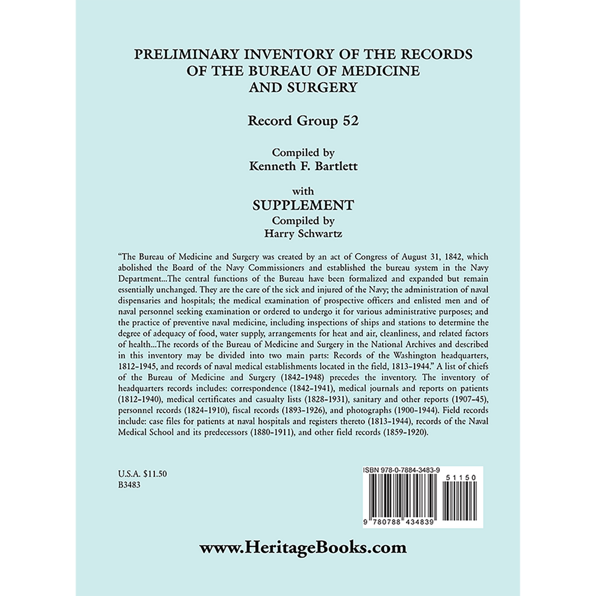Preliminary Inventory of the Records of the Bureau of Medicine and Surgery with Supplement: Record Group 52 back cover