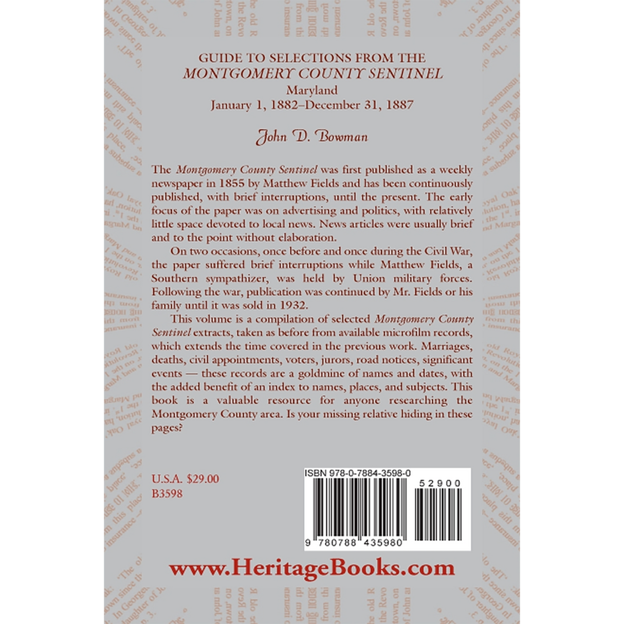 Guide to Selections from the Montgomery County Sentinel, Maryland: January 1, 1882-December 31, 1887 back cover