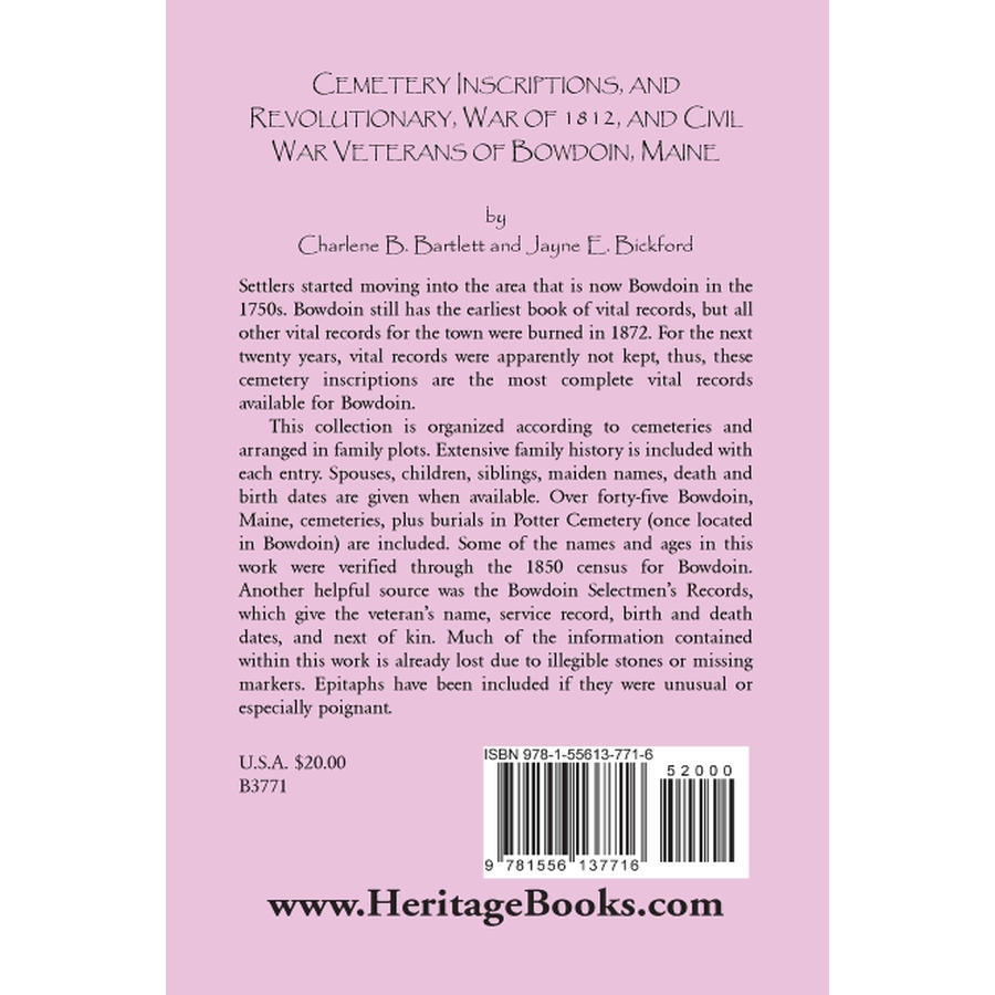back cover of Cemetery Inscriptions, and Revolutionary, War of 1812, and Civil War Veterans of Bowdoin, Maine