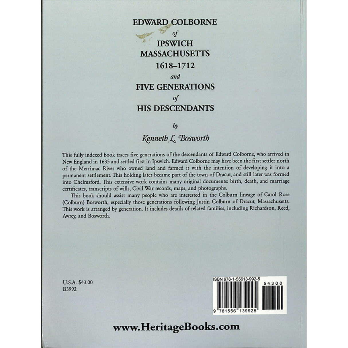 Edward Colborne of Ipswich, Massachusetts, 1618-1712, and Five Generations of His Descendants back cover