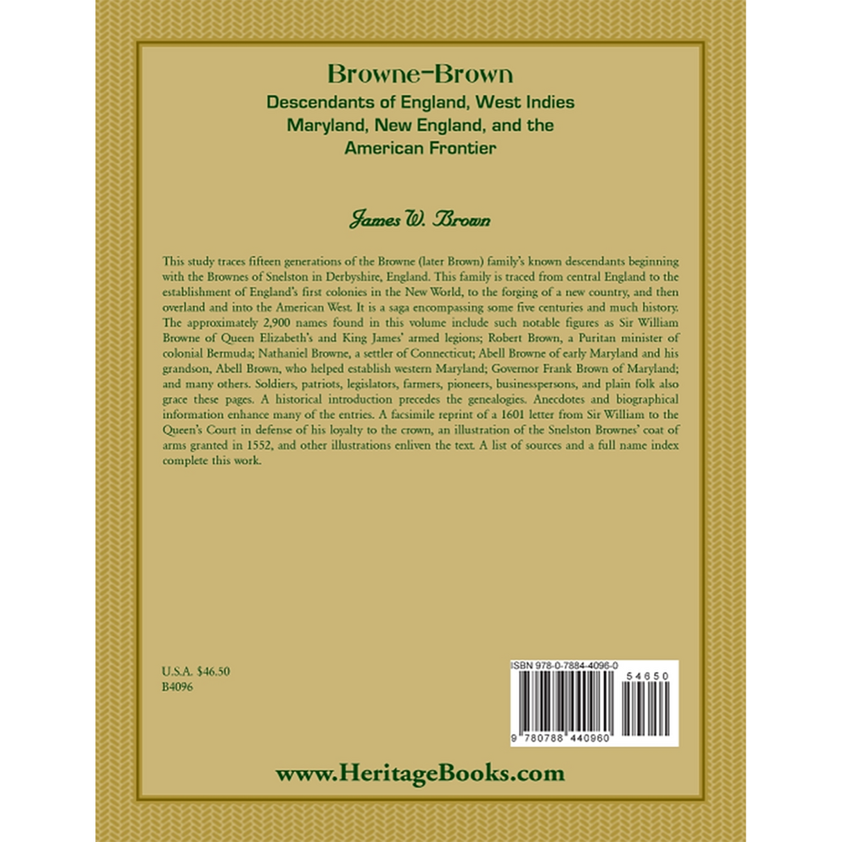 Browne-Brown: Descendants of England, West Indies, Maryland, New England, and the American Frontier back cover