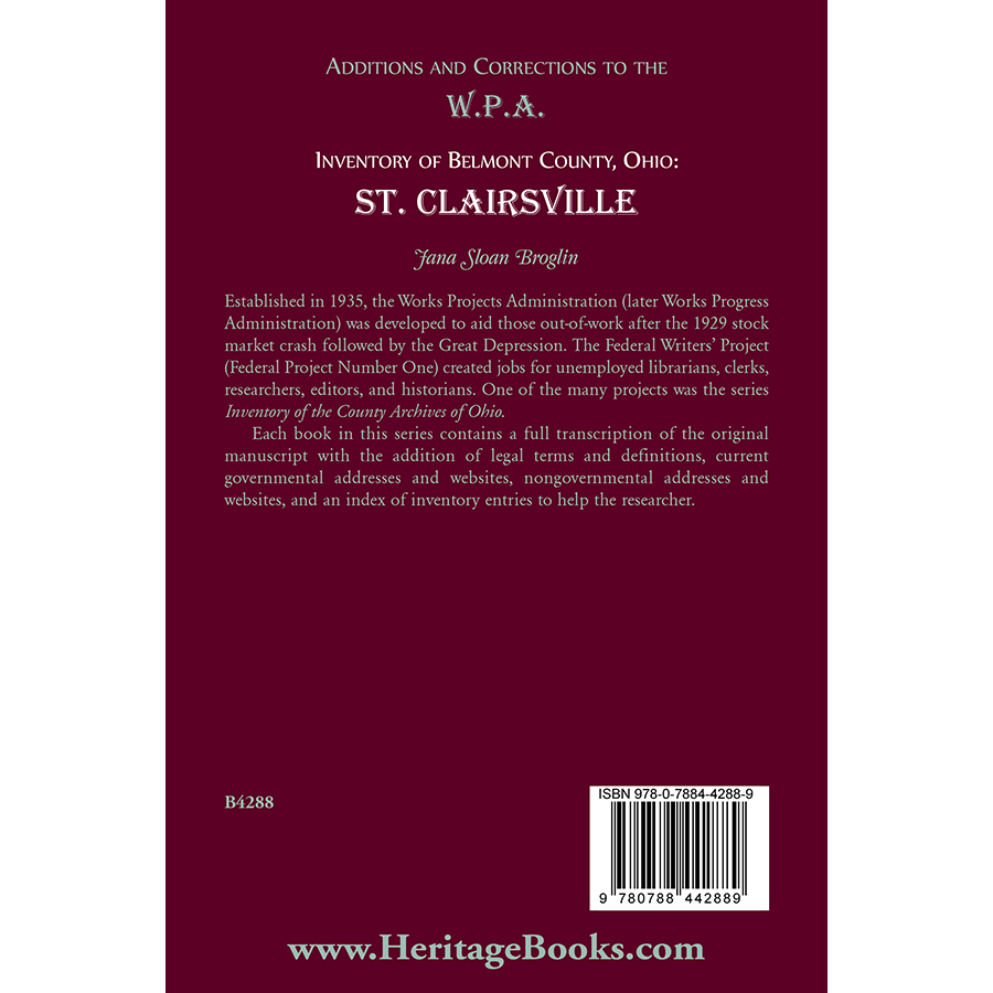 Additions and Corrections to the W.P.A. Inventory of Belmont County, Ohio: St. Clairsville