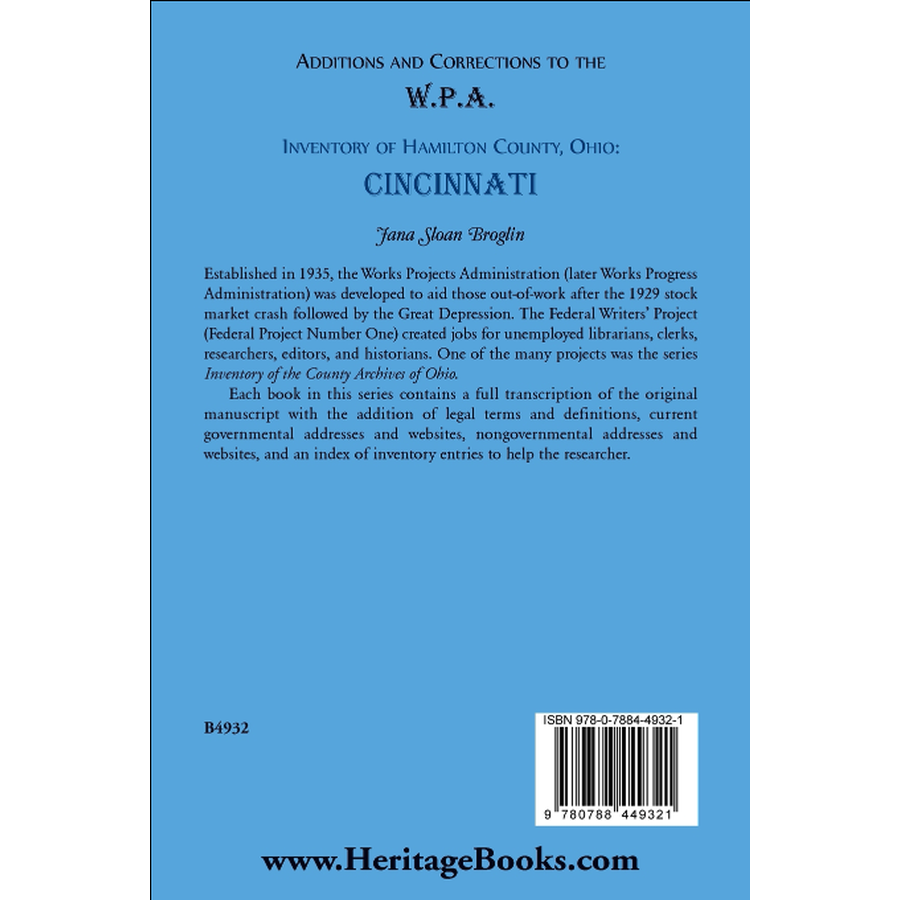 Additions and Corrections to the W.P.A. Inventory of Hamilton County, Ohio: Cincinnati back cover