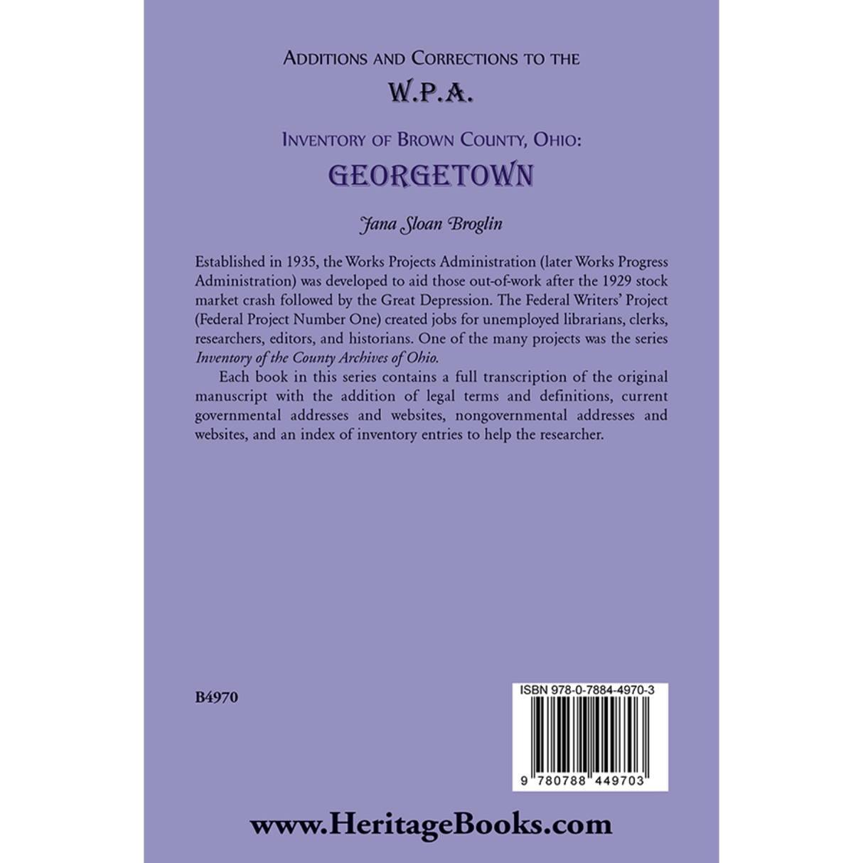 Additions and Corrections to the W.P.A. Inventory of Brown County, Ohio: Georgetown back cover