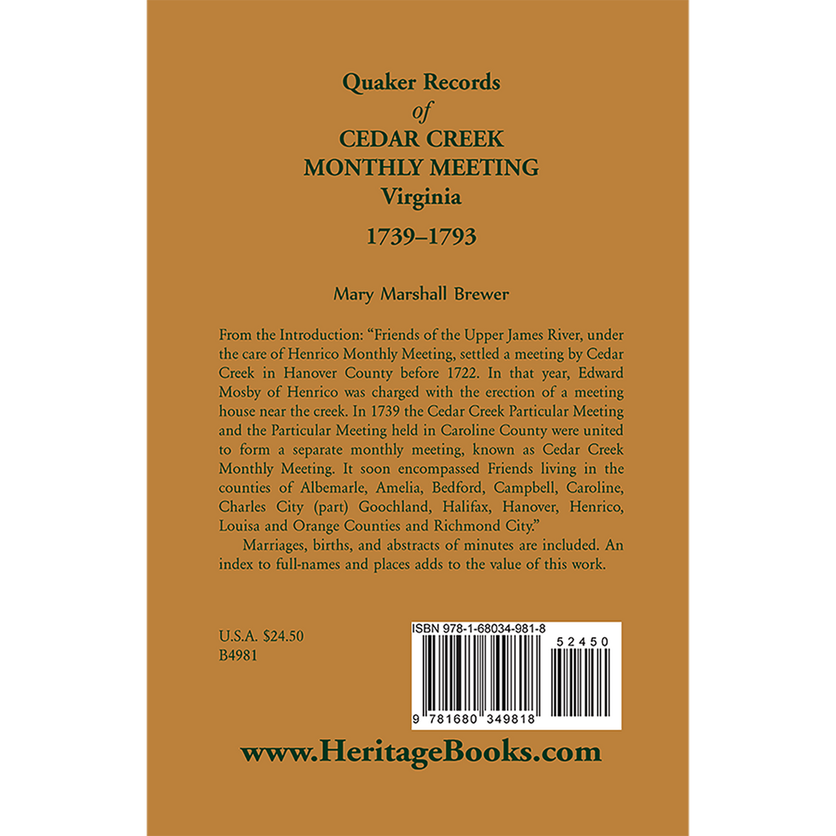 Quaker Records of Cedar Creek Monthly Meeting: Virginia, 1739-1793 back cover