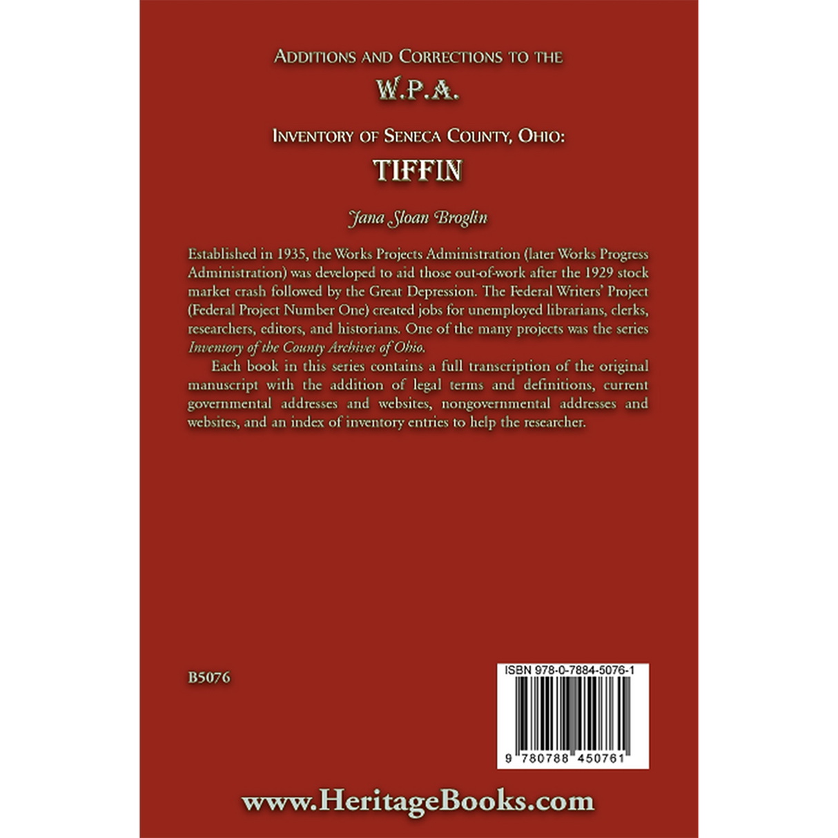 Additions and Corrections to the W.P.A. Inventory of Seneca County, Ohio: Tiffin back cover