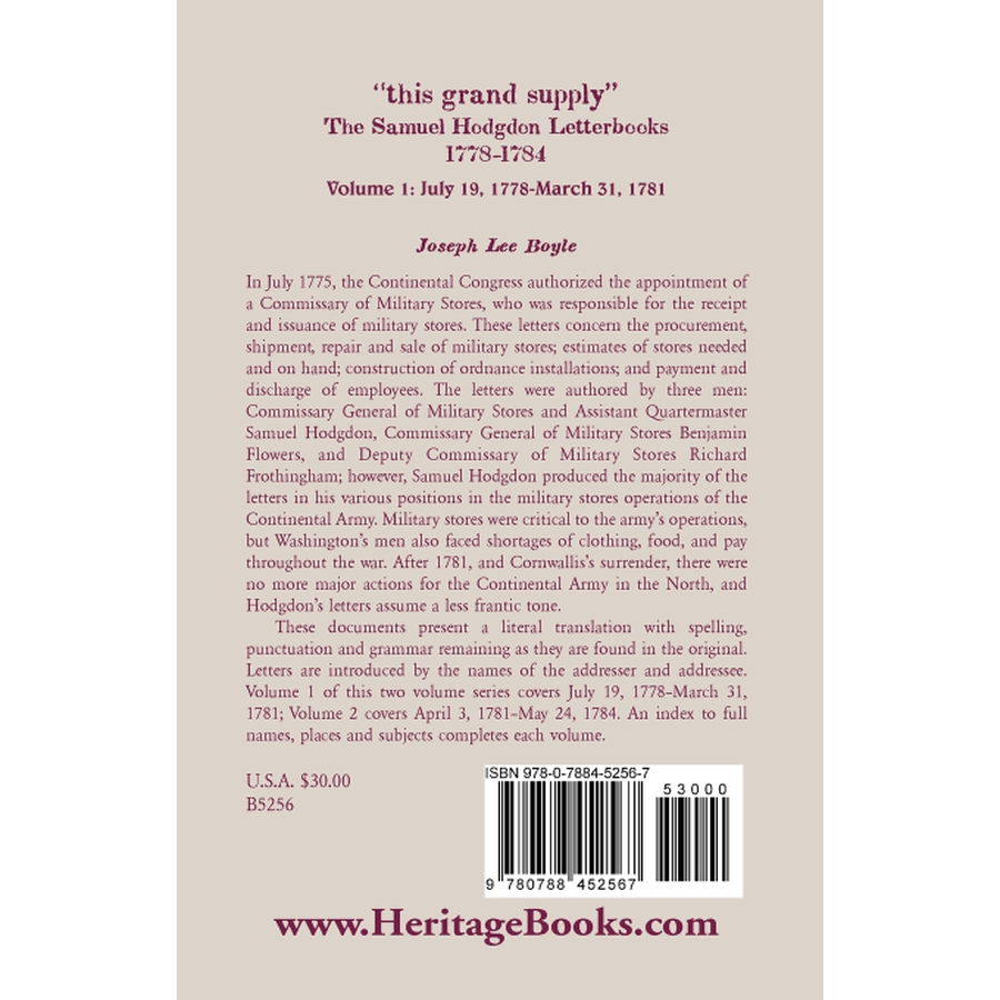 back cover of "this grand supply" The Samuel Hodgdon Letterbooks, 1778-1784, Volume 1, July 19, 1778-March 31, 1781