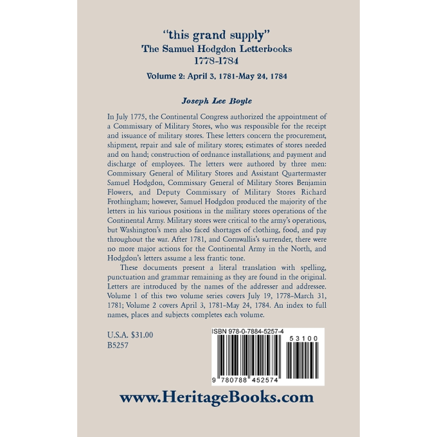 back cover of "this grand supply" The Samuel Hodgdon Letterbooks, 1778-1784, Volume 2, April 3, 1781-May 24, 1784