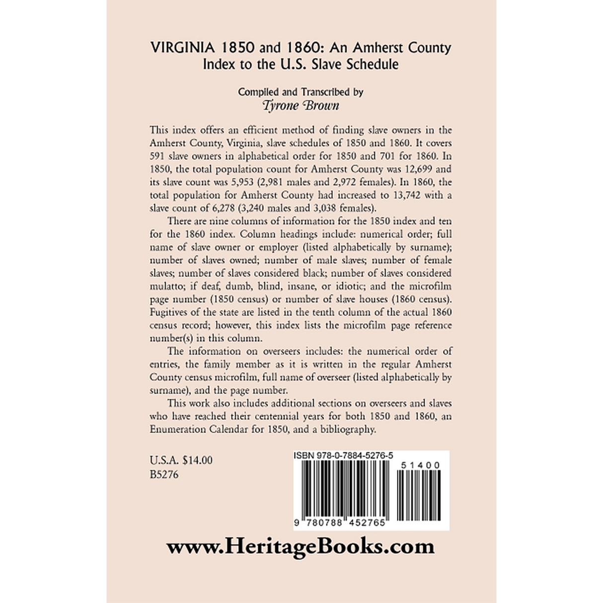Virginia 1850 and 1860, An Amherst County Index to the U.S. Slave Schedule back cover
