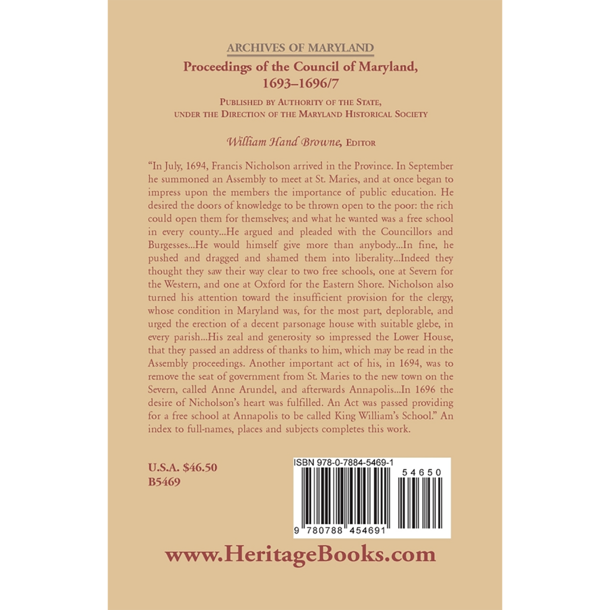 Archives of Maryland, Volume XX: Proceedings of the Council of Maryland, 1693-1696/7 back cover