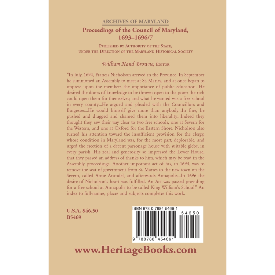 Archives of Maryland, Volume XX: Proceedings of the Council of Maryland, 1693-1696/7 back cover