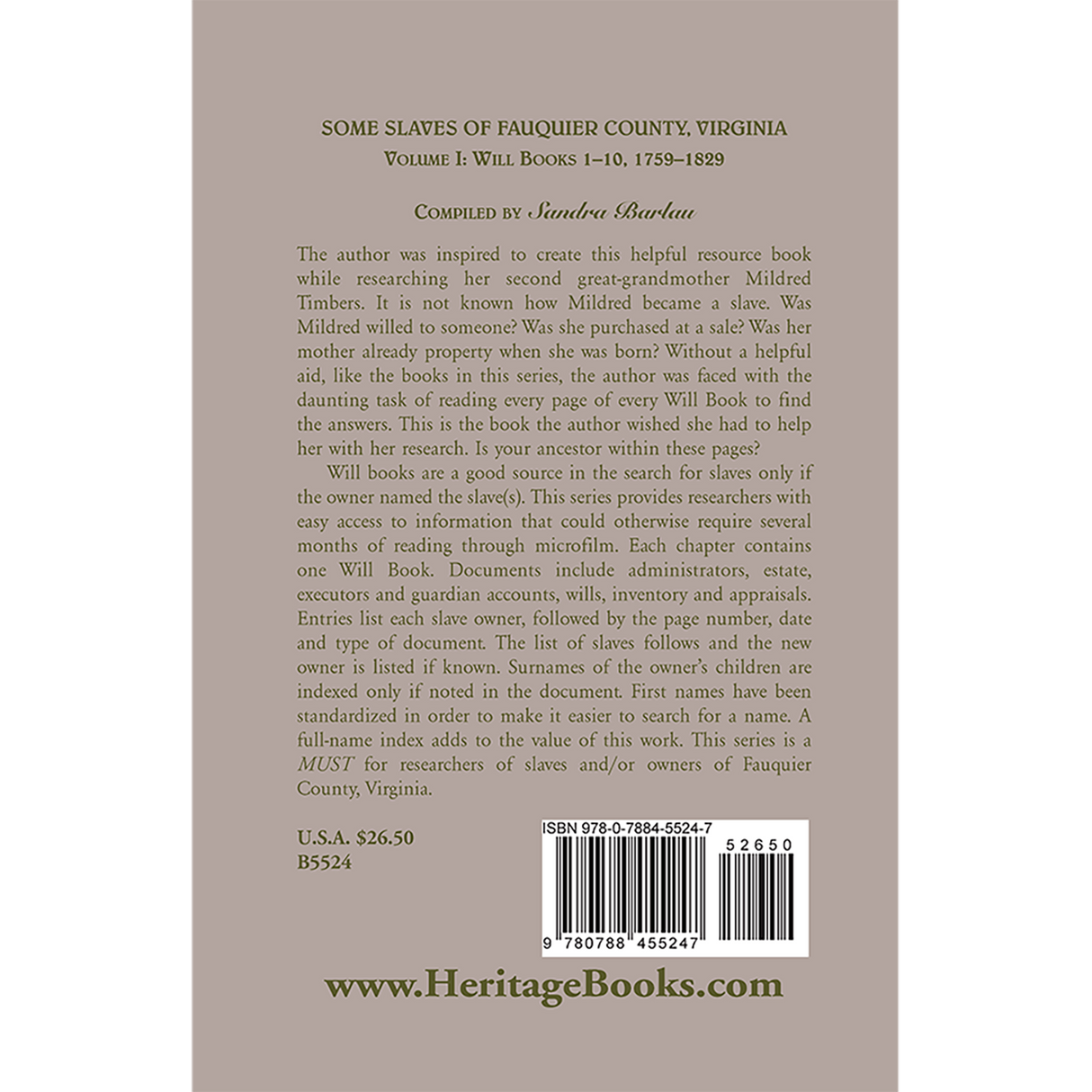 Some Slaves of Fauquier County, Virginia, Volume I: Will Books 1-10, 1759-1829 back cover
