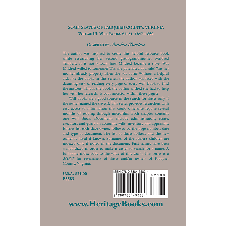 Some Slaves of Fauquier County, Virginia, Volume III back cover