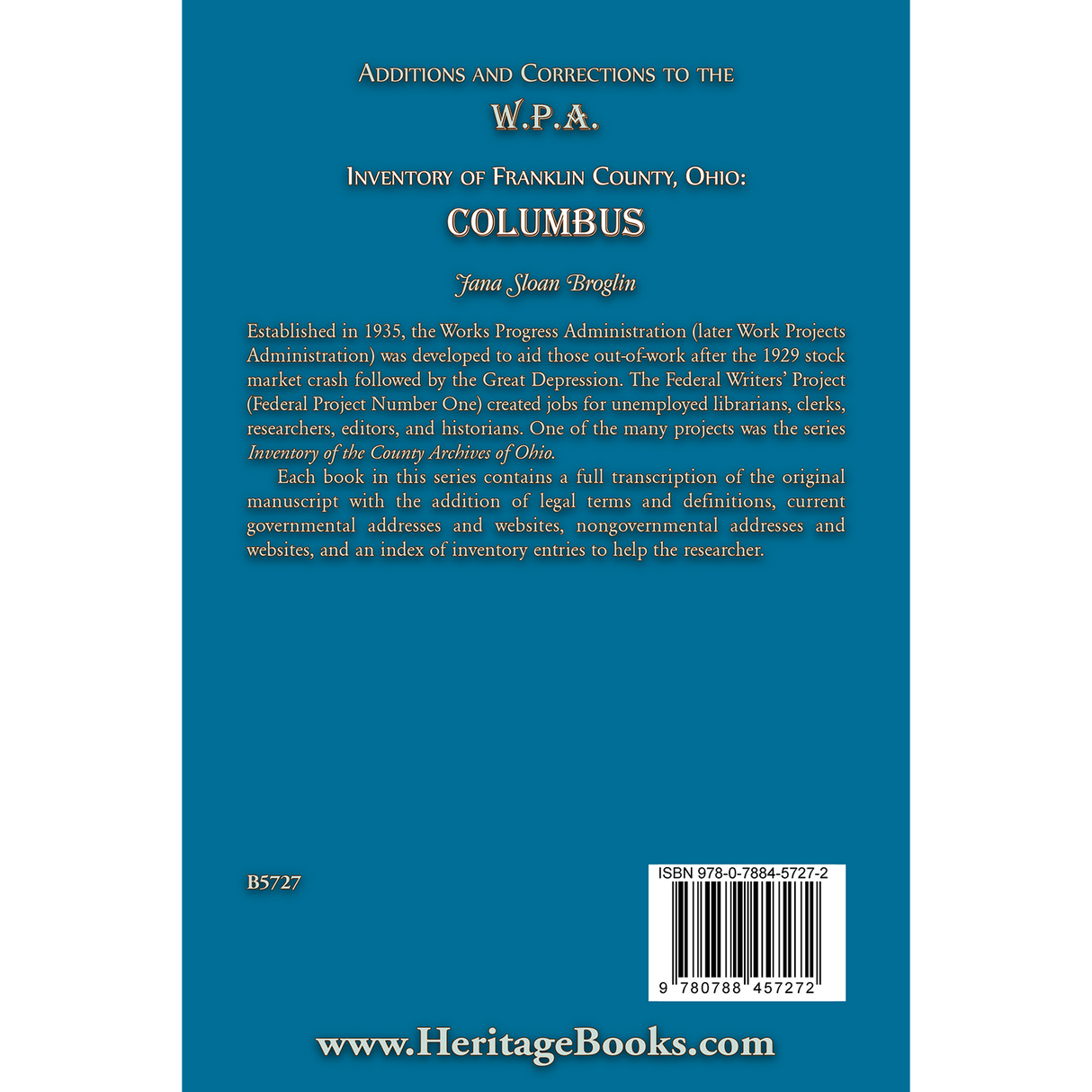 Additions and Corrections to the W.P.A. Inventory of Franklin County, Ohio: Columbus back cover
