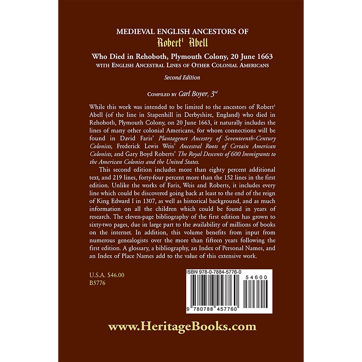 Medieval English Ancestors of Robert Abell, Who Died in Rehoboth, Plymouth Colony, 20 June 1663, 2nd edition back cover