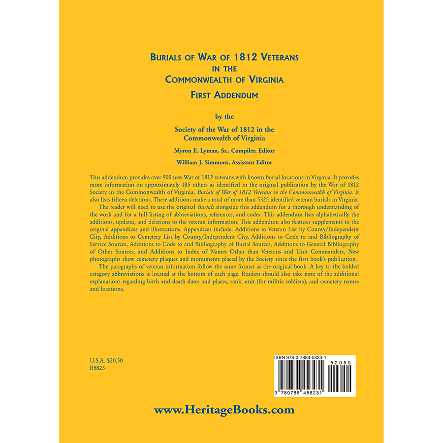Burials of War of 1812 Veterans in the Commonwealth of Virginia, First Addendum back cover