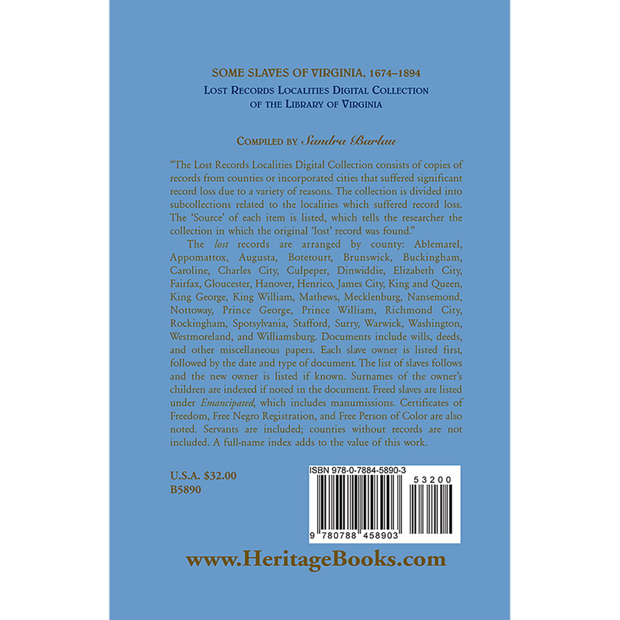 Some Slaves of Virginia, 1674-1894: Lost Records Localities Digital Collection of Virginia back cover