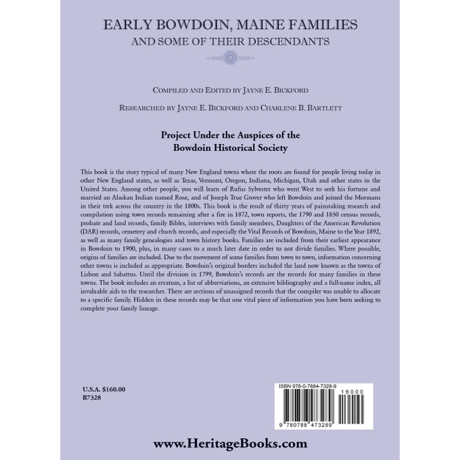 back cover of Early Bowdoin, Maine Families and Some of Their Descendants