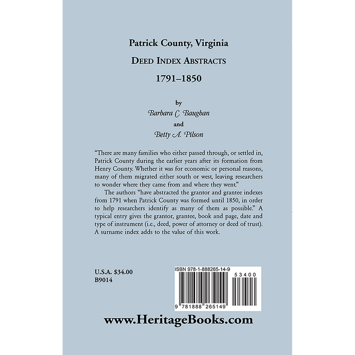 Patrick County, Virginia Deed Index Abstracts, 1791-1850 back cover