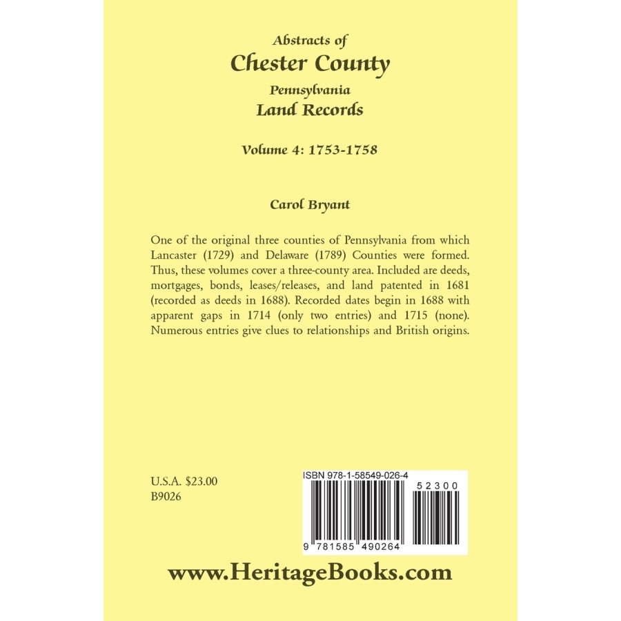 back cover of Abstracts of Chester County, Pennsylvania, Land Records, Volume 4: 1753-1758